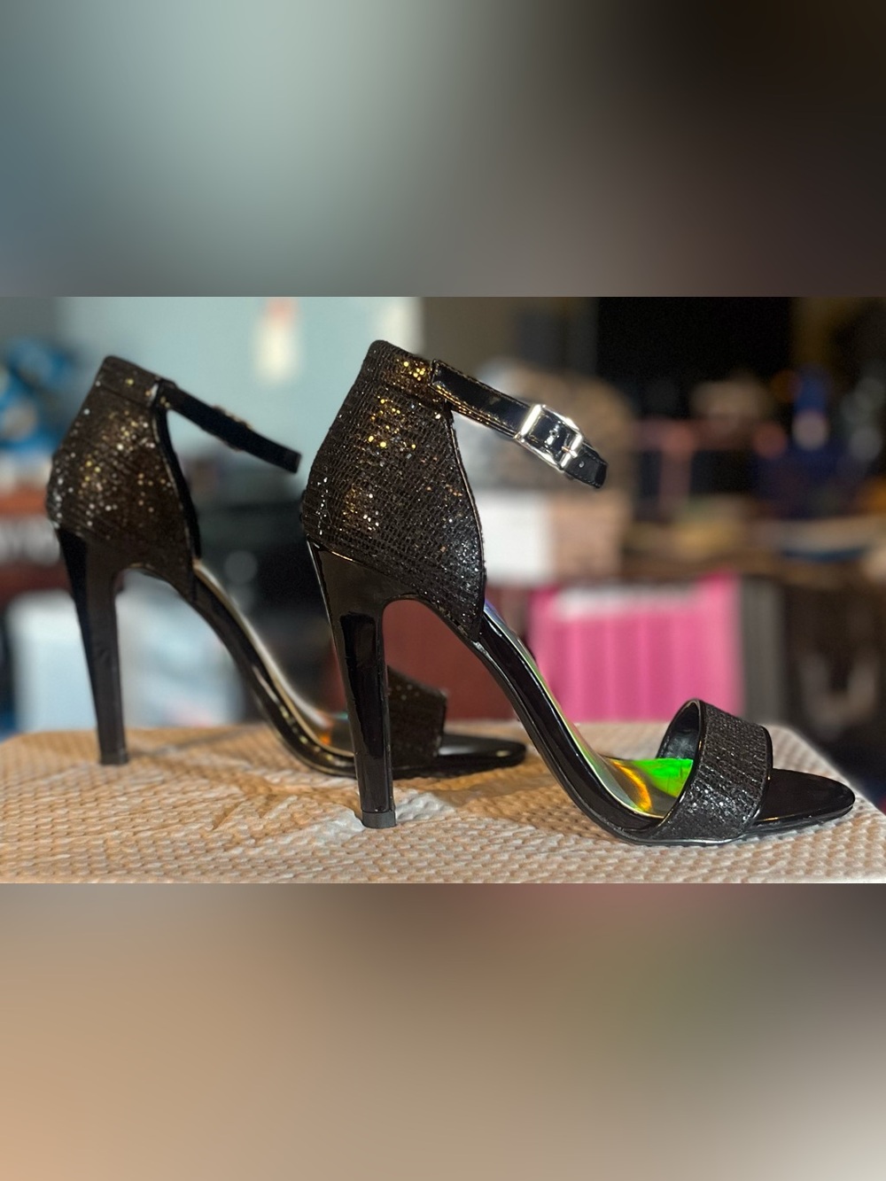 Sexy Black Glitter Ankle-Strap High Heels by Delicious Shoe Collection Size 7